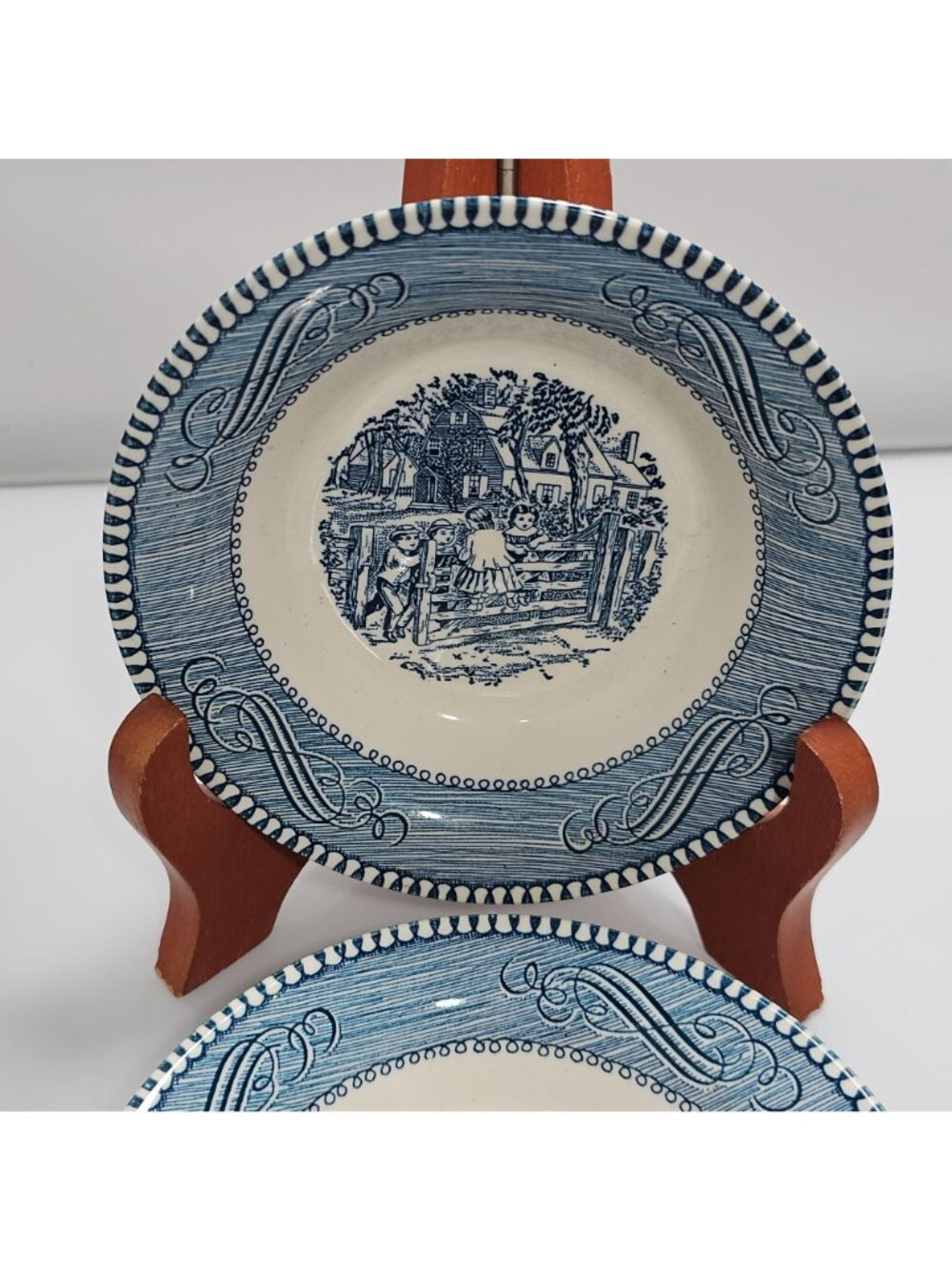 2 Currier Ives Dessert Bowl Old Farm Gate 5.5" Royal Pottery blue white made USA - Picture 4 of 7